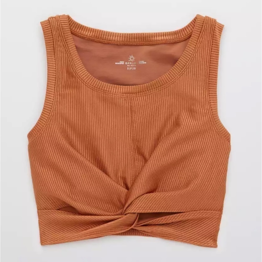 NEW Offline by Aerie Ribbed Shine Twist Front Sports Bra in Orange